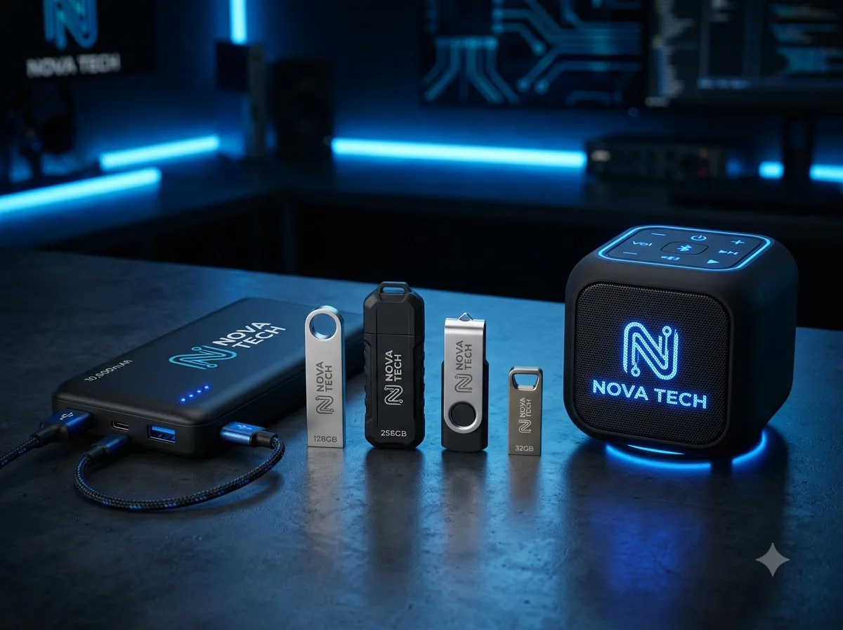 Брендированная электроника: внешний аккумулятор, USB-флешки, портативная колонка с логотипом компании на тёмном фоне с синей подсветкой
